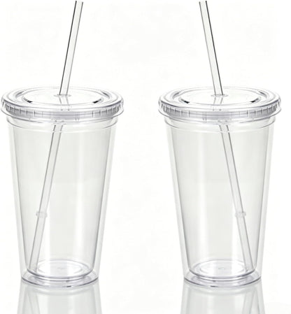 2 Pack 16oz Double Wall Insulated Acrylic Tumbler Cups, with Lid & Straw
