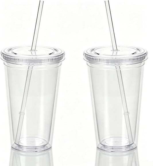 2 Pack 16oz Double Wall Insulated Acrylic Tumbler Cups, with Lid & Straw