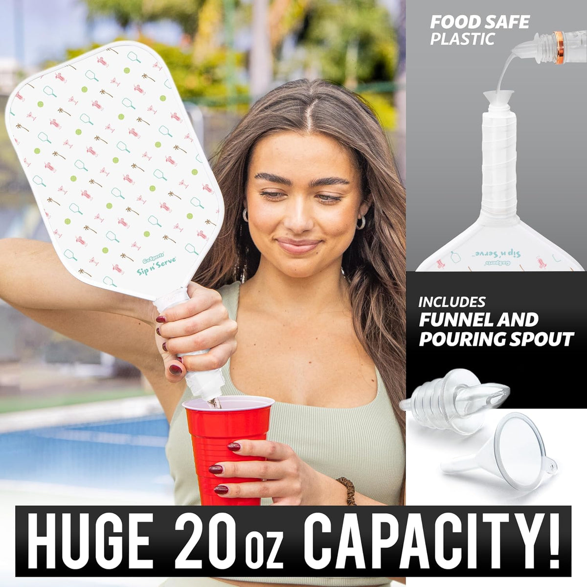 Sip N' Serve Pickleball Paddle Flask (20 oz) - Hidden Alcohol Travel Flask - Funny Liquor Gift – Includes Funnel & Spout