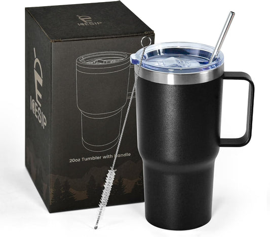 20 oz Tumbler with Handle, insulated cup coffee mug with lid, straw and handle, Double Wall Stainless Steel Vacuum Coffee Tumbler travel mug spill proof, 1pcs Black