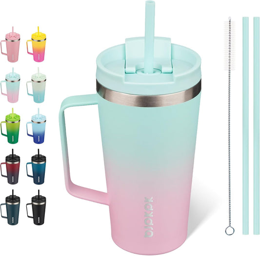 18oz Insulated Tumbler with Handle, Lid & Straw, Stainless Steel