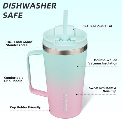 18oz Insulated Tumbler with Handle, Lid & Straw, Stainless Steel