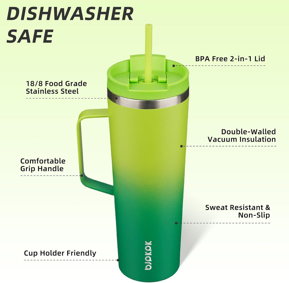 18oz Insulated Tumbler with Handle, Lid & Straw, Stainless Steel
