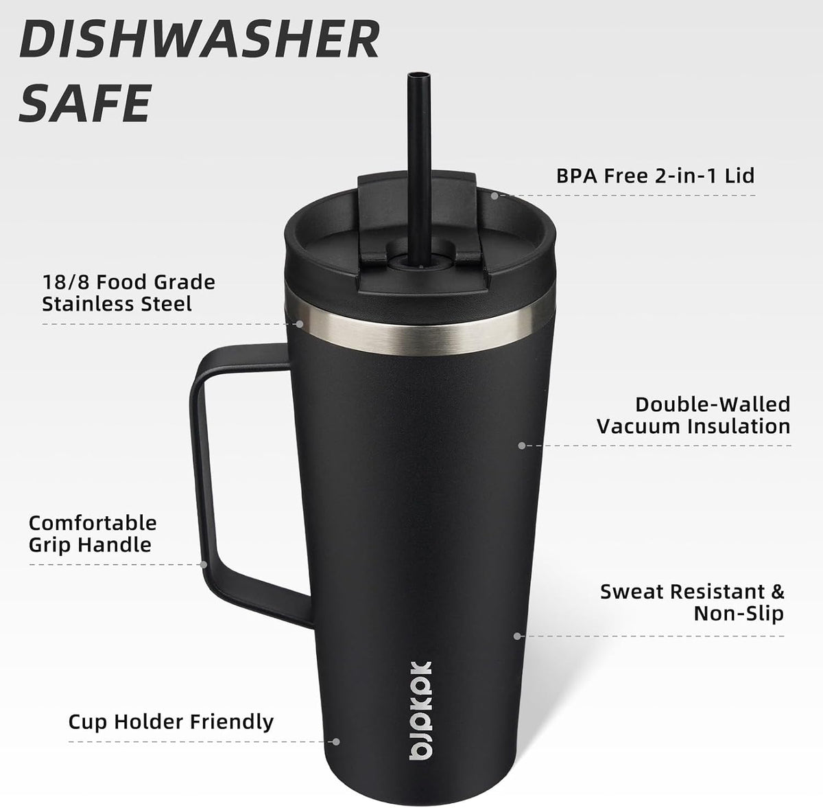18oz Insulated Tumbler with Handle, Lid & Straw, Stainless Steel