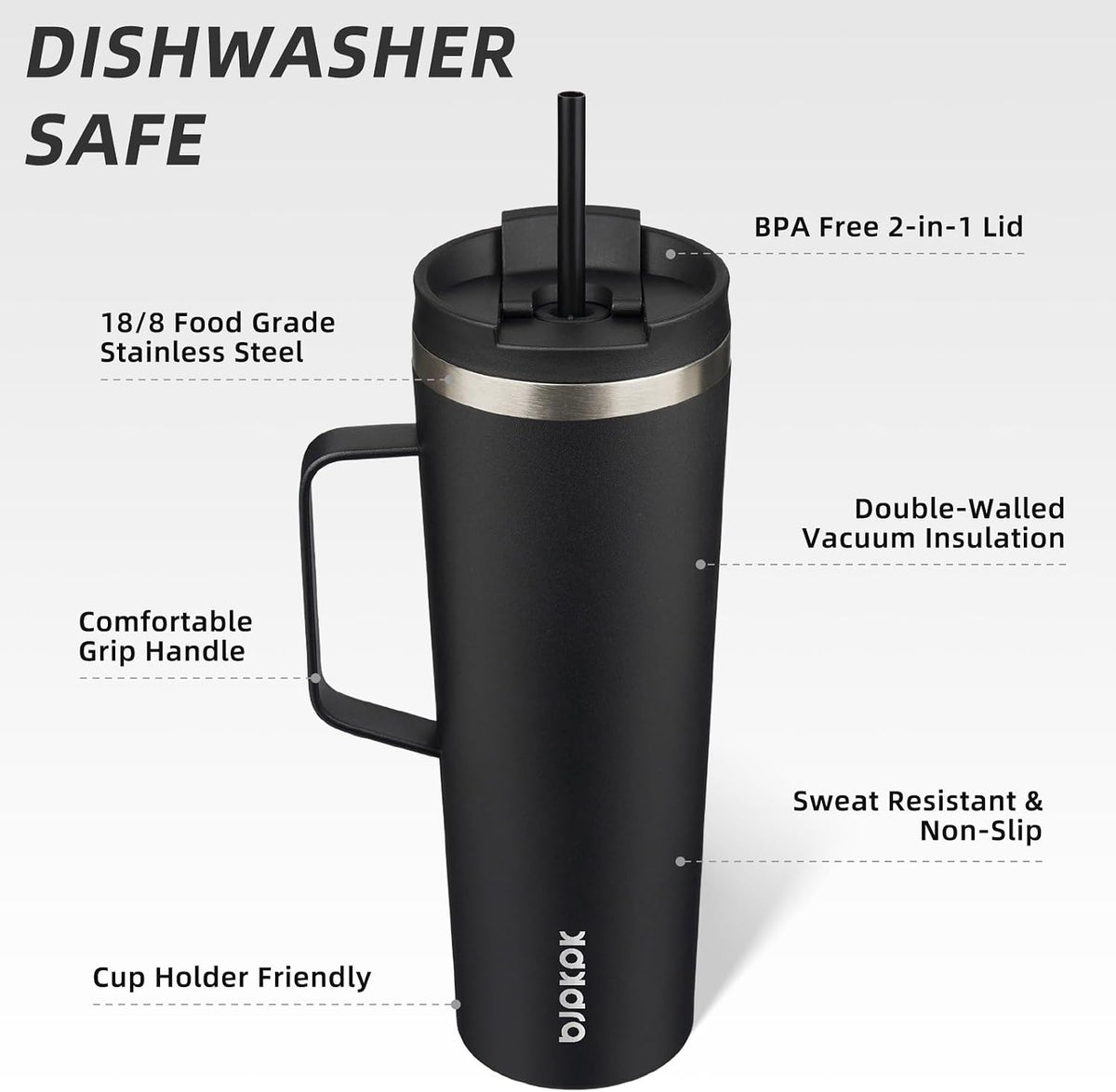 18oz Insulated Tumbler with Handle, Lid & Straw, Stainless Steel