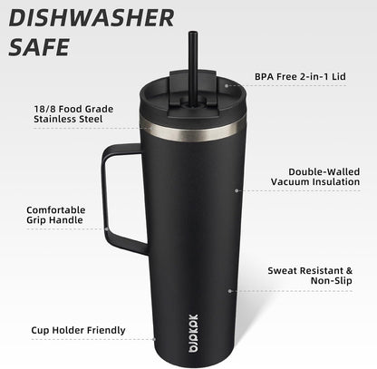 18oz Insulated Tumbler with Handle, Lid & Straw, Stainless Steel