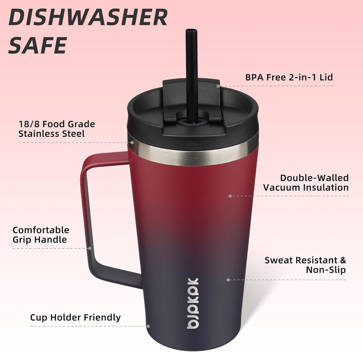 18oz Insulated Tumbler with Handle, Lid & Straw, Stainless Steel