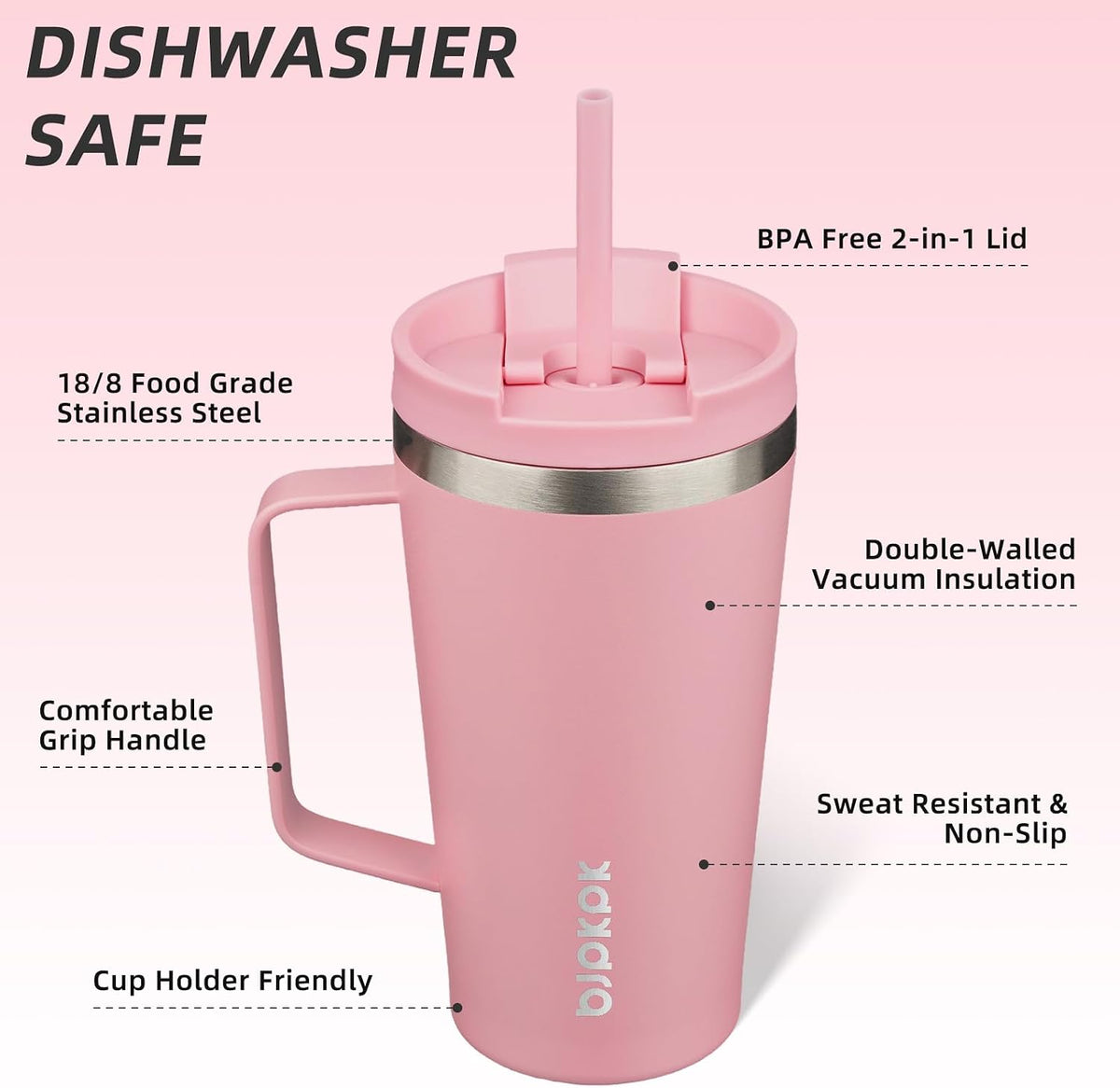 18oz Insulated Tumbler with Handle, Lid & Straw, Stainless Steel