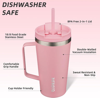18oz Insulated Tumbler with Handle, Lid & Straw, Stainless Steel