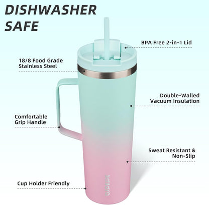 18oz Insulated Tumbler with Handle, Lid & Straw, Stainless Steel