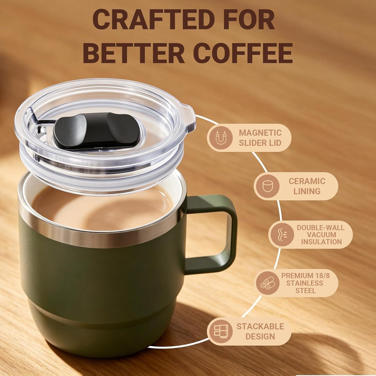 8 oz Small Coffee Mug with Magnetic Sliding Lid & Handle, Stackable | Ceramic-Lined 18/8 Stainless Steel, Double-Wall Vacuum Insulated Espresso Cup, Dishwasher Safe, Pink