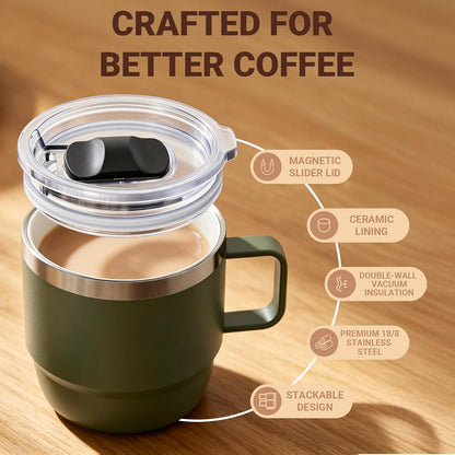 8 oz Small Coffee Mug with Magnetic Sliding Lid & Handle, Stackable | Ceramic-Lined 18/8 Stainless Steel, Double-Wall Vacuum Insulated Espresso Cup, Dishwasher Safe, Pink