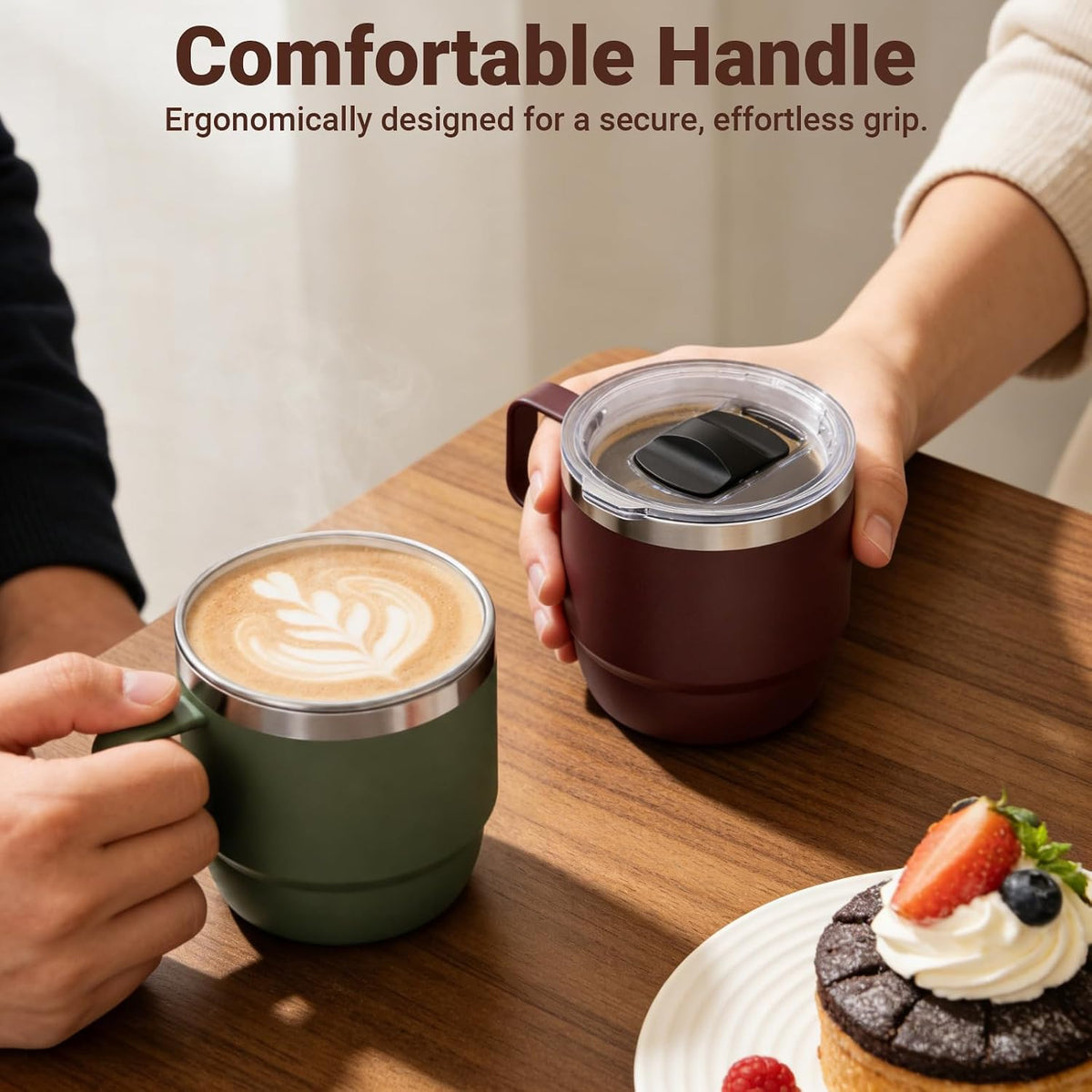 8 oz Small Coffee Mug with Magnetic Sliding Lid & Handle, Stackable | Ceramic-Lined 18/8 Stainless Steel, Double-Wall Vacuum Insulated Espresso Cup, Dishwasher Safe, Pink
