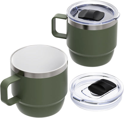 8 oz Small Coffee Mug with Magnetic Sliding Lid & Handle, Stackable | Ceramic-Lined 18/8 Stainless Steel, Double-Wall Vacuum Insulated Espresso Cup, Dishwasher Safe, Pink