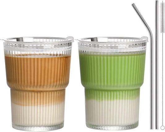13oz Iced Coffee Cups, Glass Cups with Lids and Straws Drinking Glasses,Clear Ribbed Glassware,Reusable Tumbler Glass to Go Cup for Matcha, Iced Tea,Juice