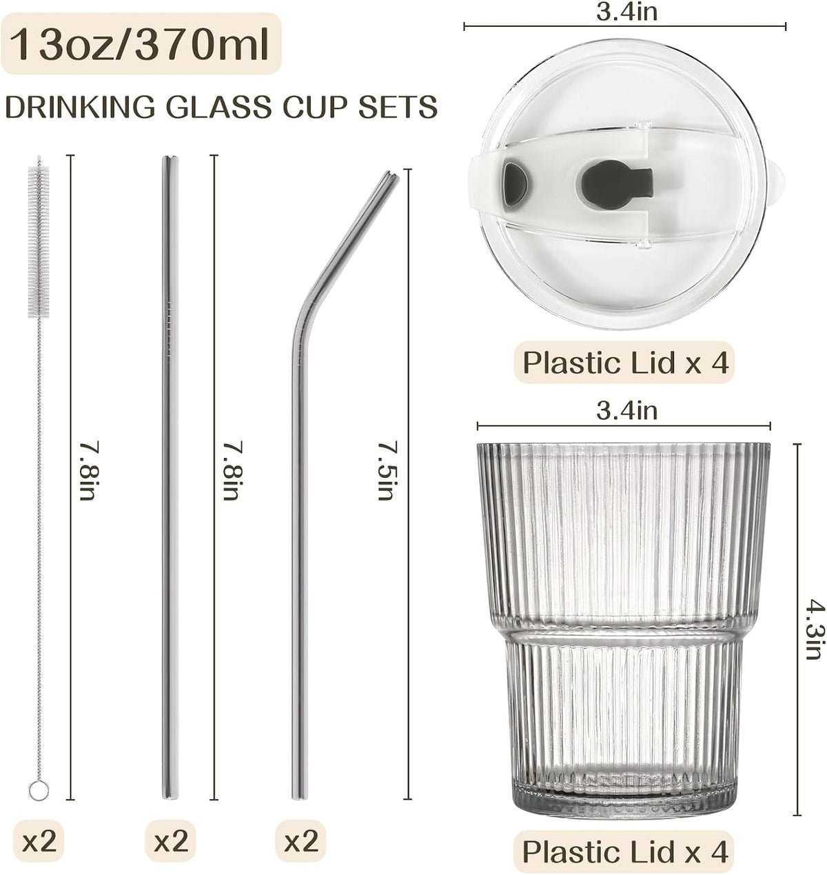 13oz Iced Coffee Cups, Glass Cups with Lids and Straws Drinking Glasses,Clear Ribbed Glassware,Reusable Tumbler Glass to Go Cup for Matcha, Iced Tea,Juice