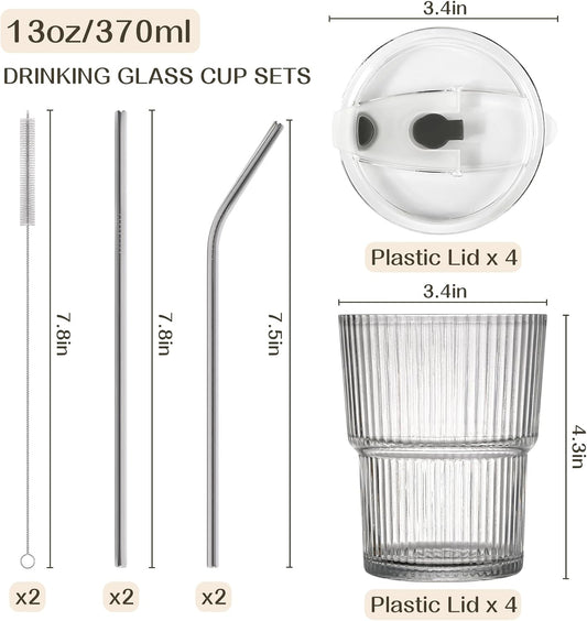 13oz Iced Coffee Cups, Glass Cups with Lids and Straws Drinking Glasses,Clear Ribbed Glassware,Reusable Tumbler Glass to Go Cup for Matcha, Iced Tea,Juice