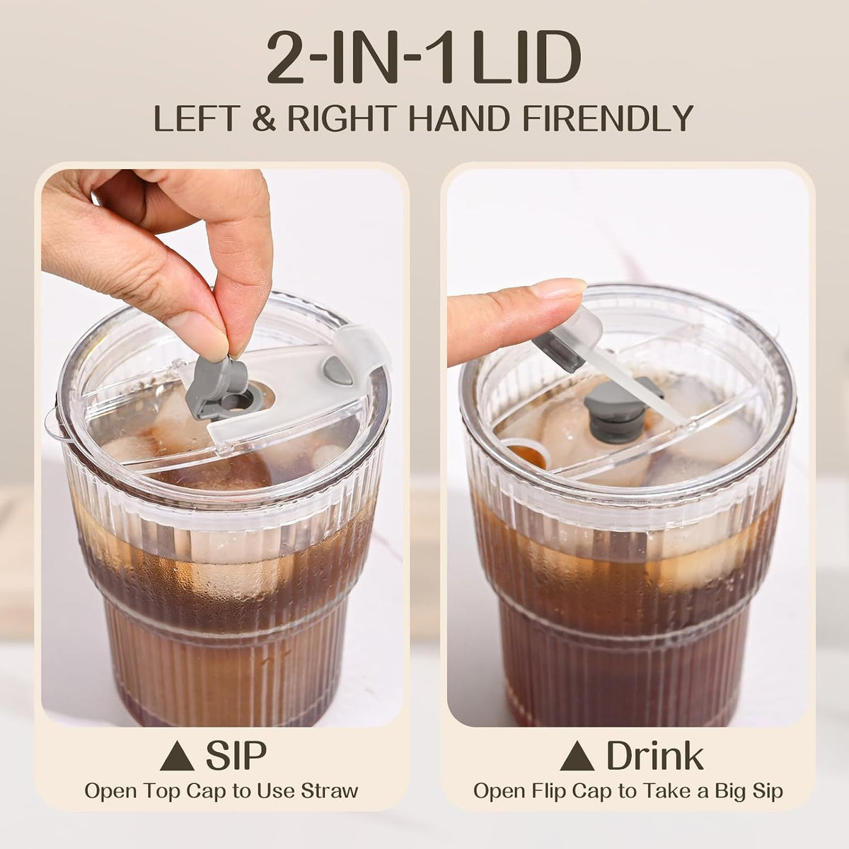 13oz Iced Coffee Cups, Glass Cups with Lids and Straws Drinking Glasses,Clear Ribbed Glassware,Reusable Tumbler Glass to Go Cup for Matcha, Iced Tea,Juice