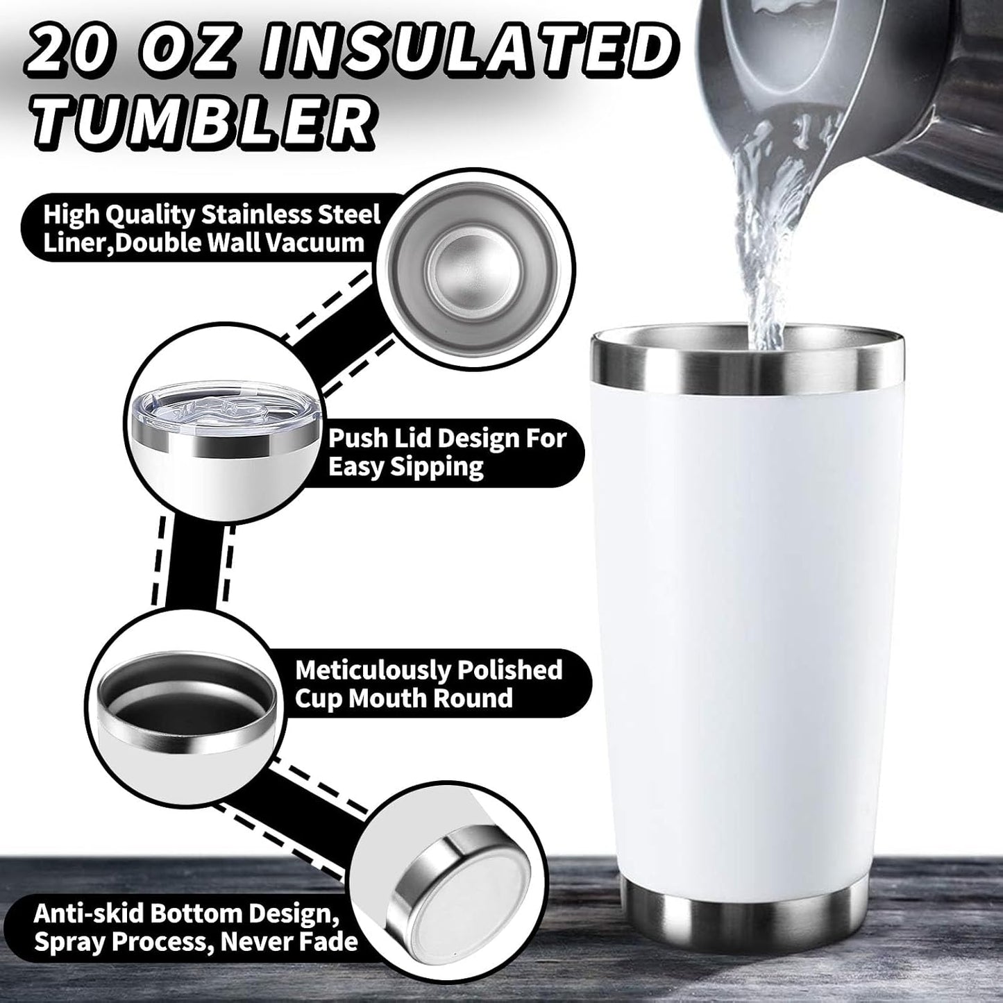 1 Pack 20oz Stainless Steel Tumbler with Lid, Leakproof Double Wall Travel Mug for Hot/Cold Drinks, Home Office Outdoor Party Use, Durable Powder Coated Insulated Cup/White