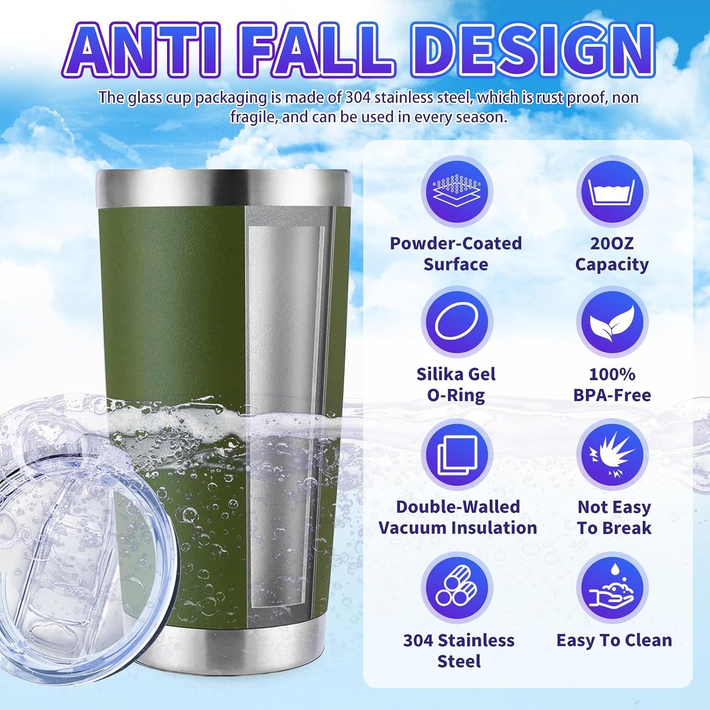 1 Pack 20oz Stainless Steel Tumbler with Lid, Leakproof Double Wall Travel Mug for Hot/Cold Drinks, Home Office Outdoor Party Use, Durable Powder Coated Insulated Cup/White