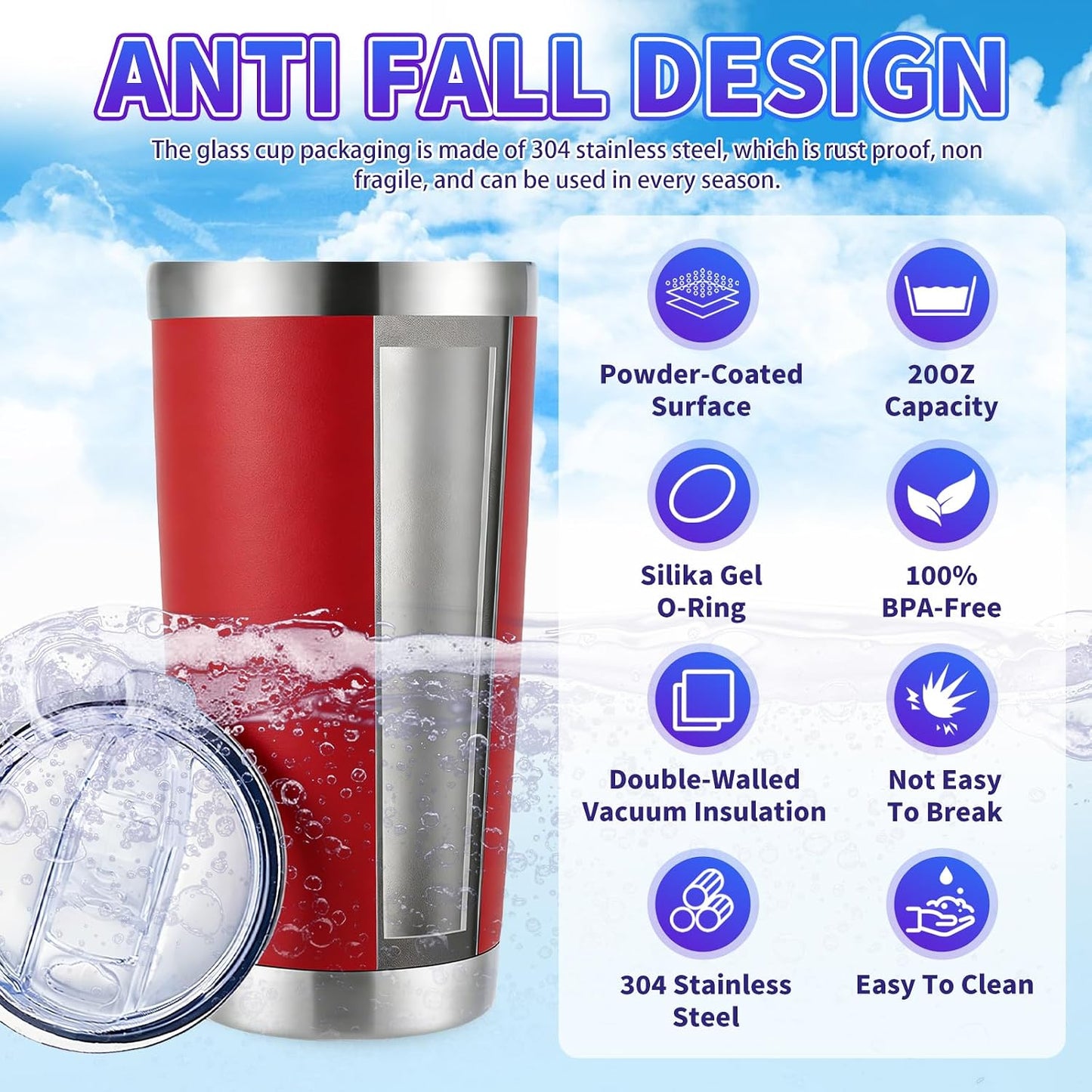 1 Pack 20oz Stainless Steel Tumbler with Lid, Leakproof Double Wall Travel Mug for Hot/Cold Drinks, Home Office Outdoor Party Use, Durable Powder Coated Insulated Cup/White