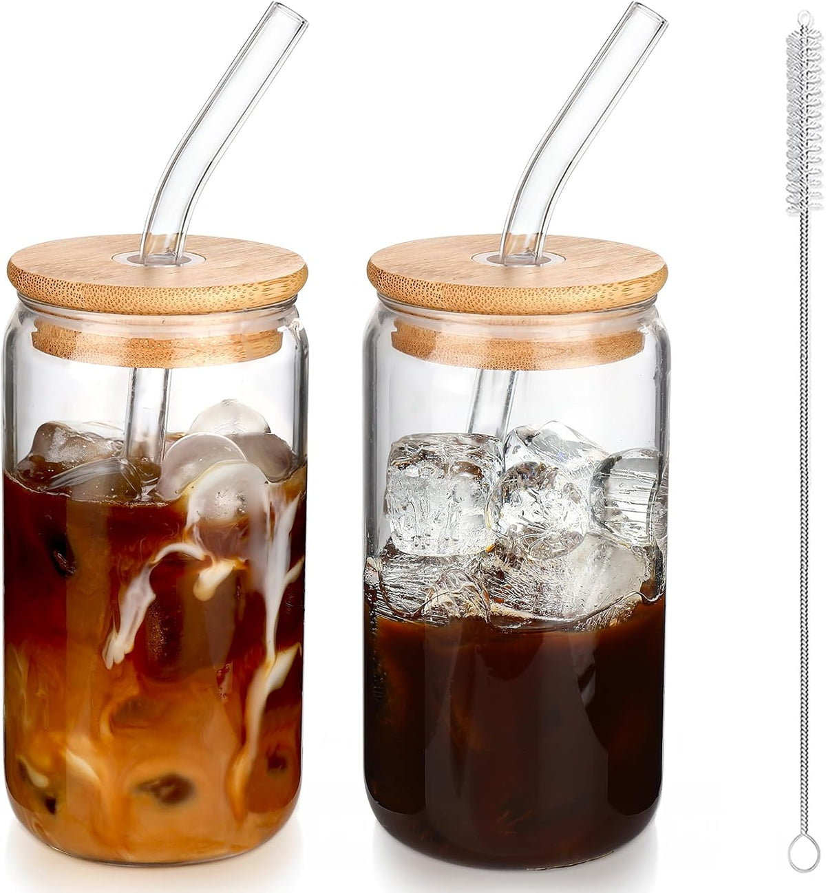 16 oz Iced Coffee Cups with Lids and Straws,2 Pcs Glass Cups Set Reusable