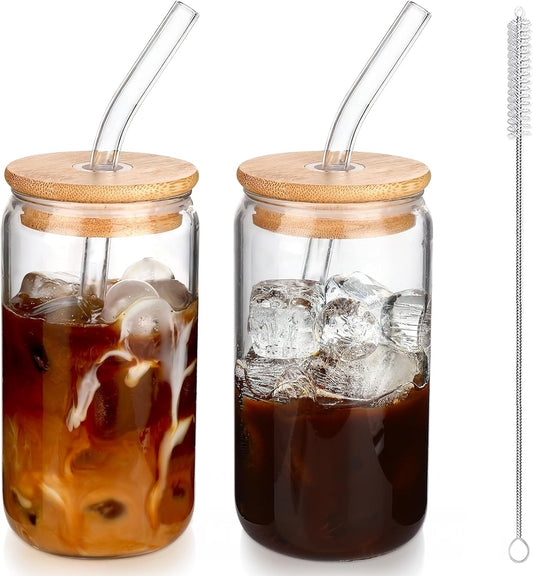 16 oz Iced Coffee Cups with Lids and Straws,2 Pcs Glass Cups Set Reusable