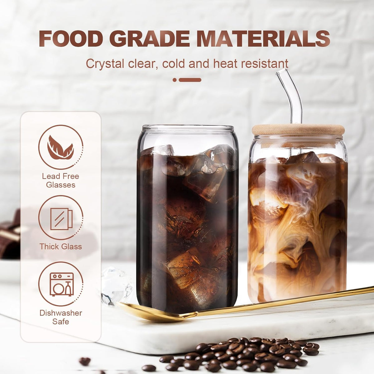 16 oz Iced Coffee Cups with Lids and Straws,2 Pcs Glass Cups Set Reusable