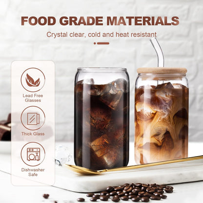 16 oz Iced Coffee Cups with Lids and Straws,2 Pcs Glass Cups Set Reusable