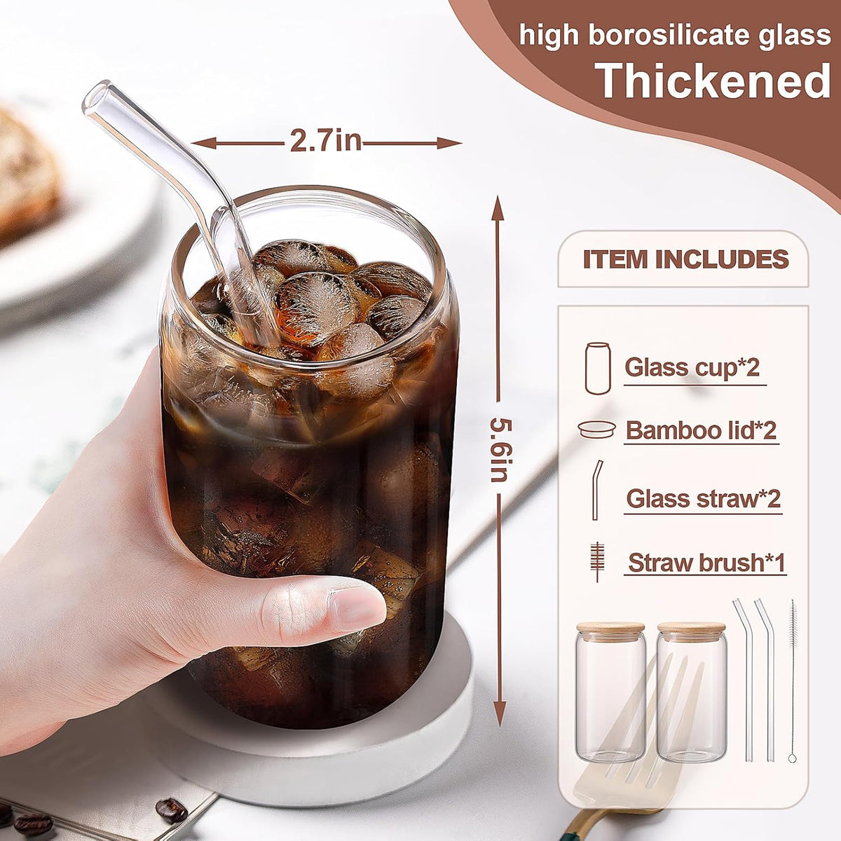 16 oz Iced Coffee Cups with Lids and Straws,2 Pcs Glass Cups Set Reusable