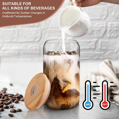 16 oz Iced Coffee Cups with Lids and Straws,2 Pcs Glass Cups Set Reusable