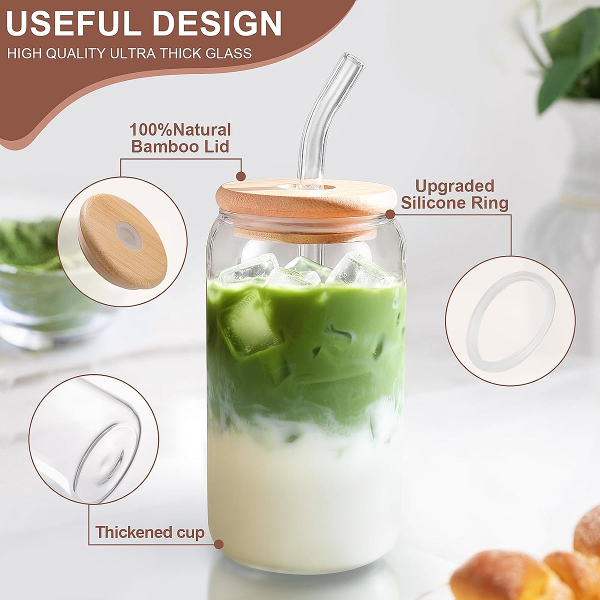 16 oz Iced Coffee Cups with Lids and Straws,2 Pcs Glass Cups Set Reusable