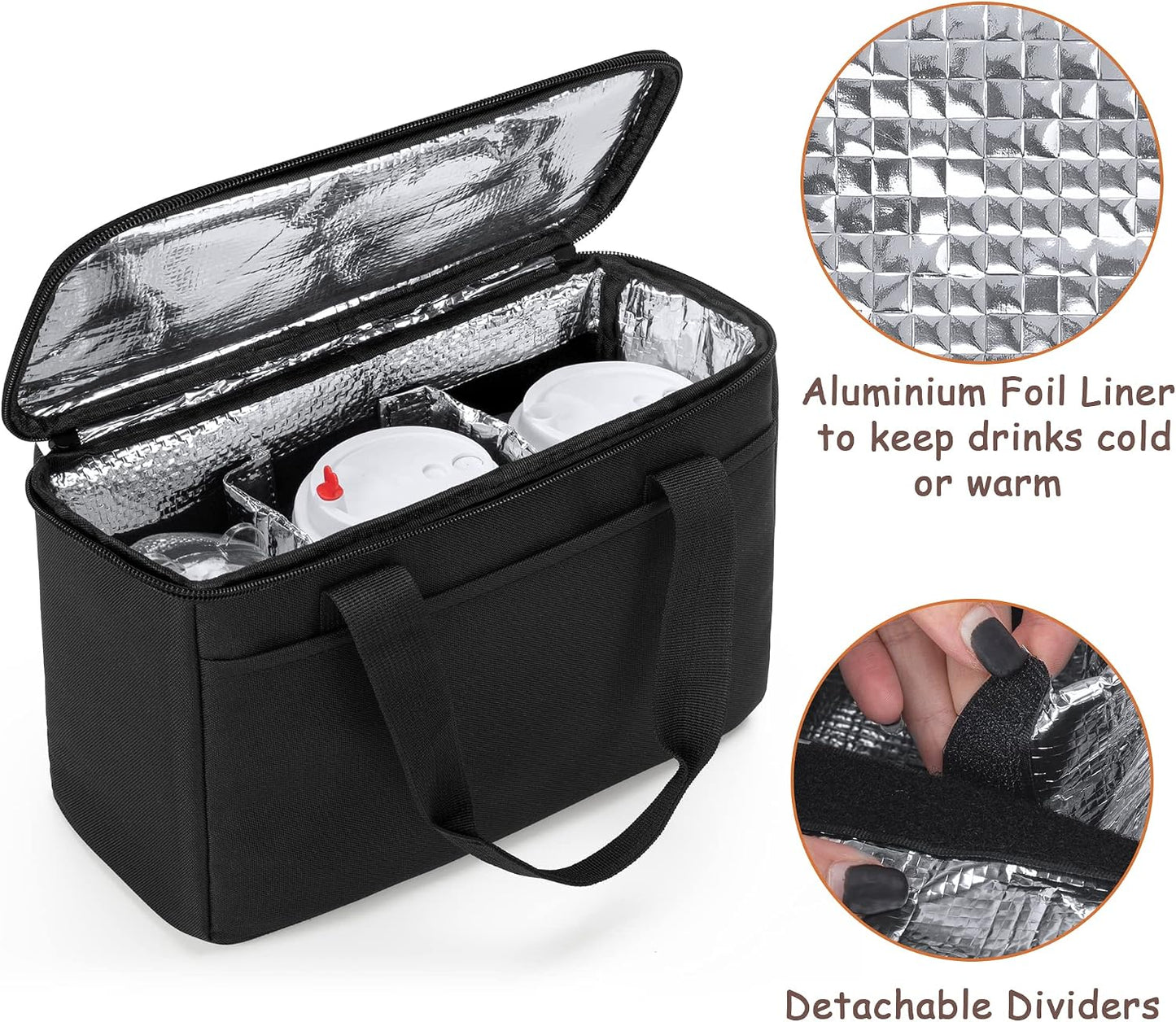 Reusable 3-Cup Drink Carrier for Delivery Insulated Drink Caddy,Grey | Beverages Carrier Tote with Adjustable Dividers for Take Out, Outdoors