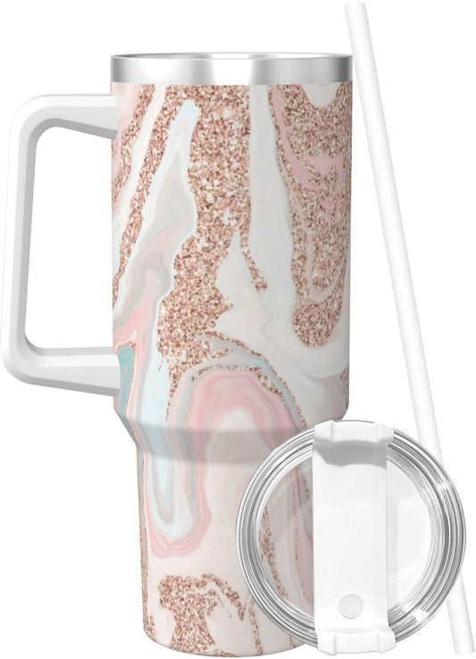 rose gold glitter coral gray pastel marble 40 oz Tumbler with Handle and Straw Lid | Insulated Cup Reusable Stainless Steel Water Bottle Travel Mug Cupholder Friendly | Gifts for Women Men Him Her - Colors B