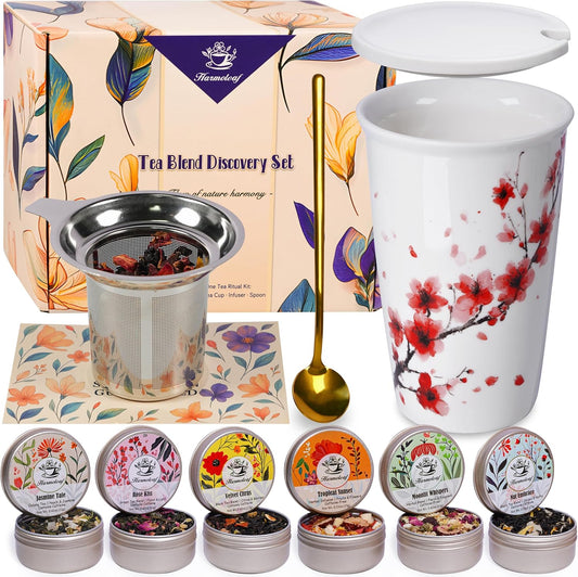 Tea Gift Set for Women - 6 Herbal Loose Leaf Tea Blends, Insulated Ceramic Cup with Infuser & Lid | Birthday, Mother's Day, Anniversary & Retirement Gift for Her