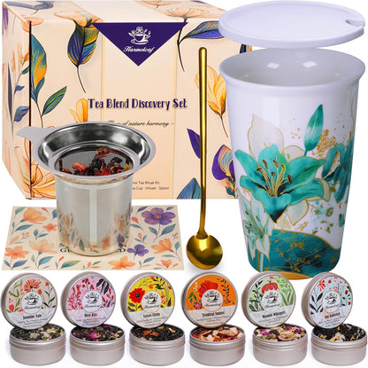 Tea Gift Set for Women - 6 Herbal Loose Leaf Tea Blends, Insulated Ceramic Cup with Infuser & Lid | Birthday, Mother's Day, Anniversary & Retirement Gift for Her