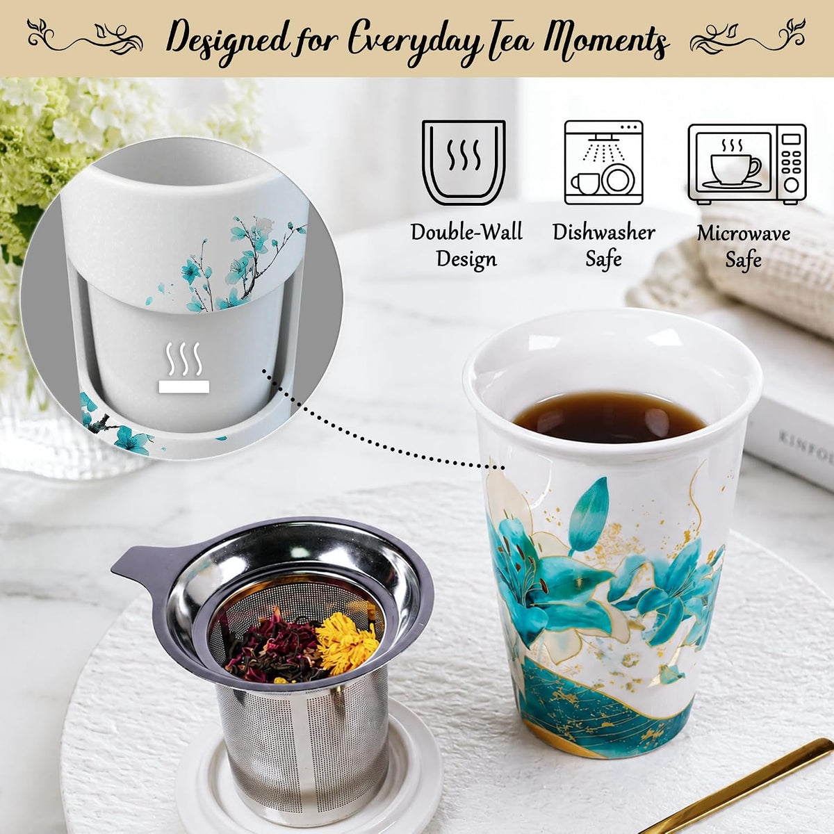 Tea Gift Set for Women - 6 Herbal Loose Leaf Tea Blends, Insulated Ceramic Cup with Infuser & Lid | Birthday, Mother's Day, Anniversary & Retirement Gift for Her