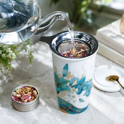 Tea Gift Set for Women - 6 Herbal Loose Leaf Tea Blends, Insulated Ceramic Cup with Infuser & Lid | Birthday, Mother's Day, Anniversary & Retirement Gift for Her