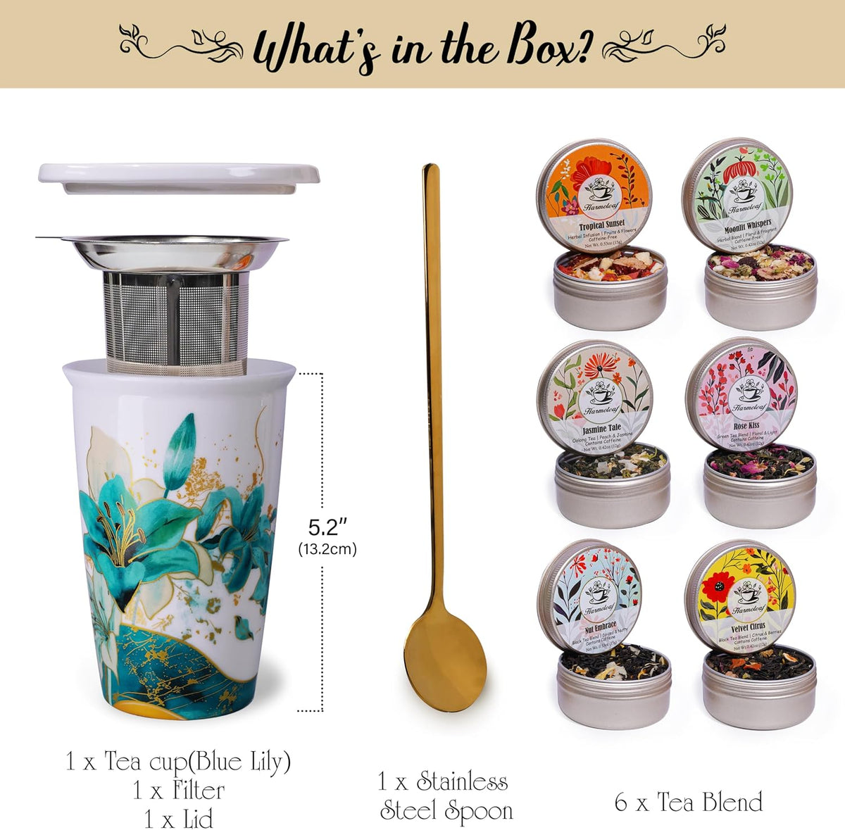 Tea Gift Set for Women - 6 Herbal Loose Leaf Tea Blends, Insulated Ceramic Cup with Infuser & Lid | Birthday, Mother's Day, Anniversary & Retirement Gift for Her