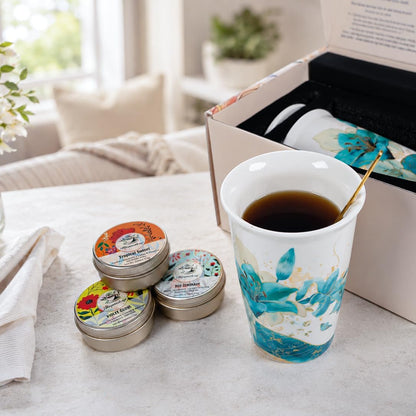 Tea Gift Set for Women - 6 Herbal Loose Leaf Tea Blends, Insulated Ceramic Cup with Infuser & Lid | Birthday, Mother's Day, Anniversary & Retirement Gift for Her