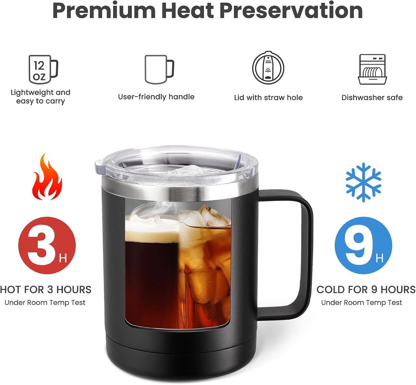 12oz Coffee Mug With Handle and Sliding Lid,Stainless Steel Travel Tumbler Cup with Handle,Double Wall Vacuum Insulated Camping Cup for Hot & Cold Drinks Tea (White, Set of 1