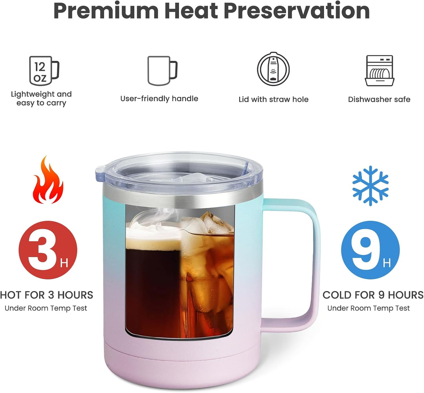 12oz Coffee Mug With Handle and Sliding Lid,Stainless Steel Travel Tumbler Cup with Handle,Double Wall Vacuum Insulated Camping Cup for Hot & Cold Drinks Tea (White, Set of 1