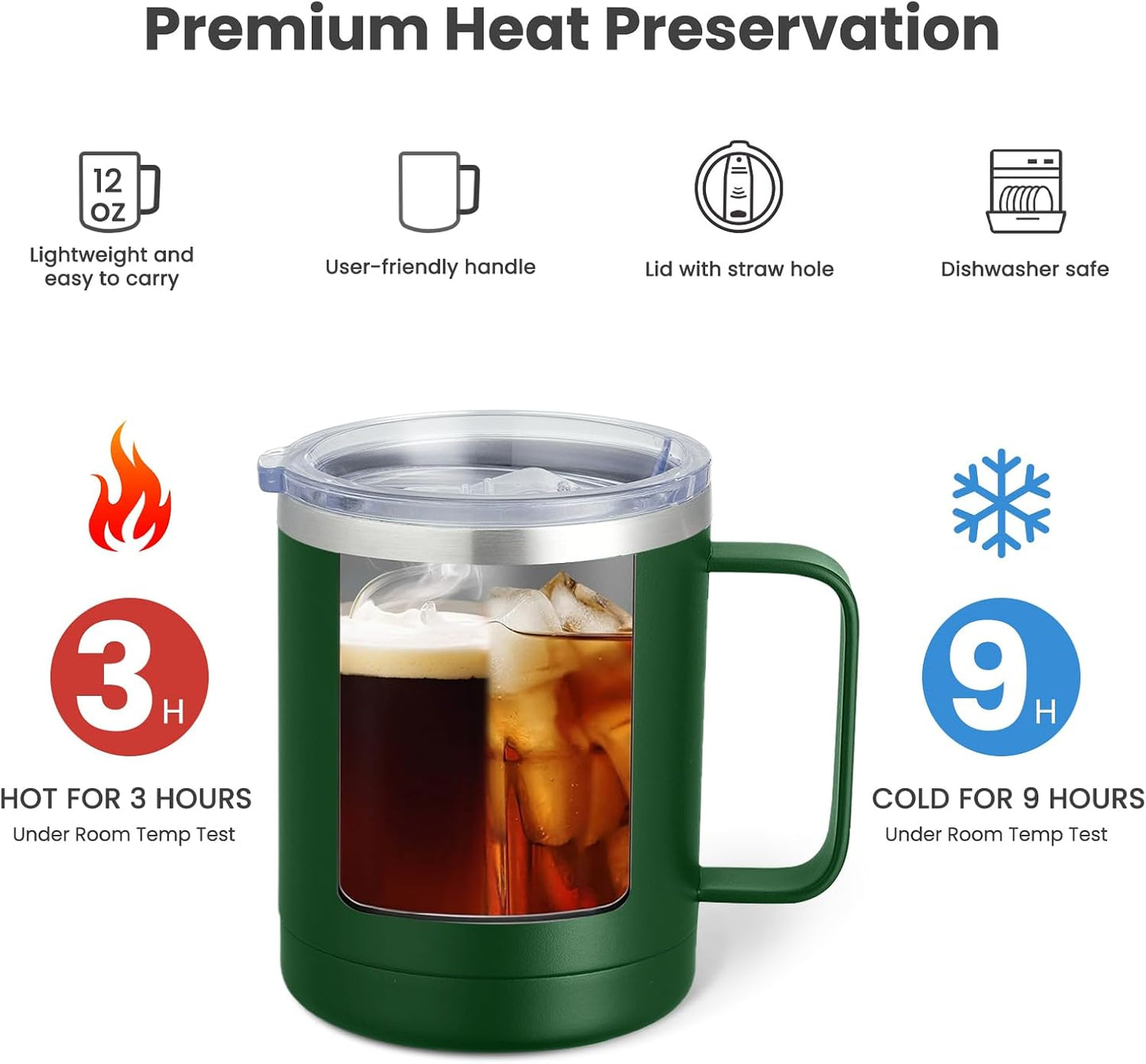 12oz Coffee Mug With Handle and Sliding Lid,Stainless Steel Travel Tumbler Cup with Handle,Double Wall Vacuum Insulated Camping Cup for Hot & Cold Drinks Tea (White, Set of 1