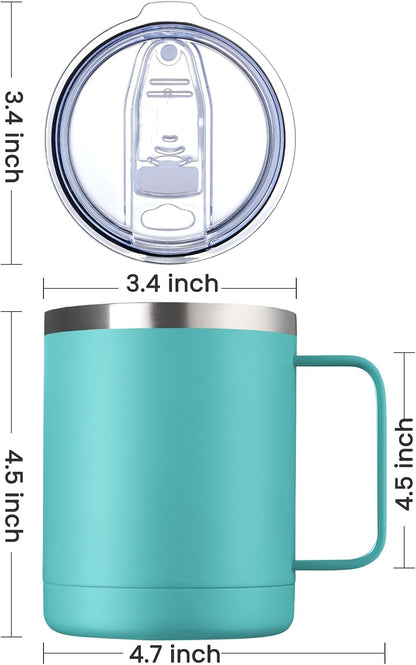 12oz Coffee Mug With Handle and Sliding Lid,Stainless Steel Travel Tumbler Cup with Handle,Double Wall Vacuum Insulated Camping Cup for Hot & Cold Drinks Tea (White, Set of 1