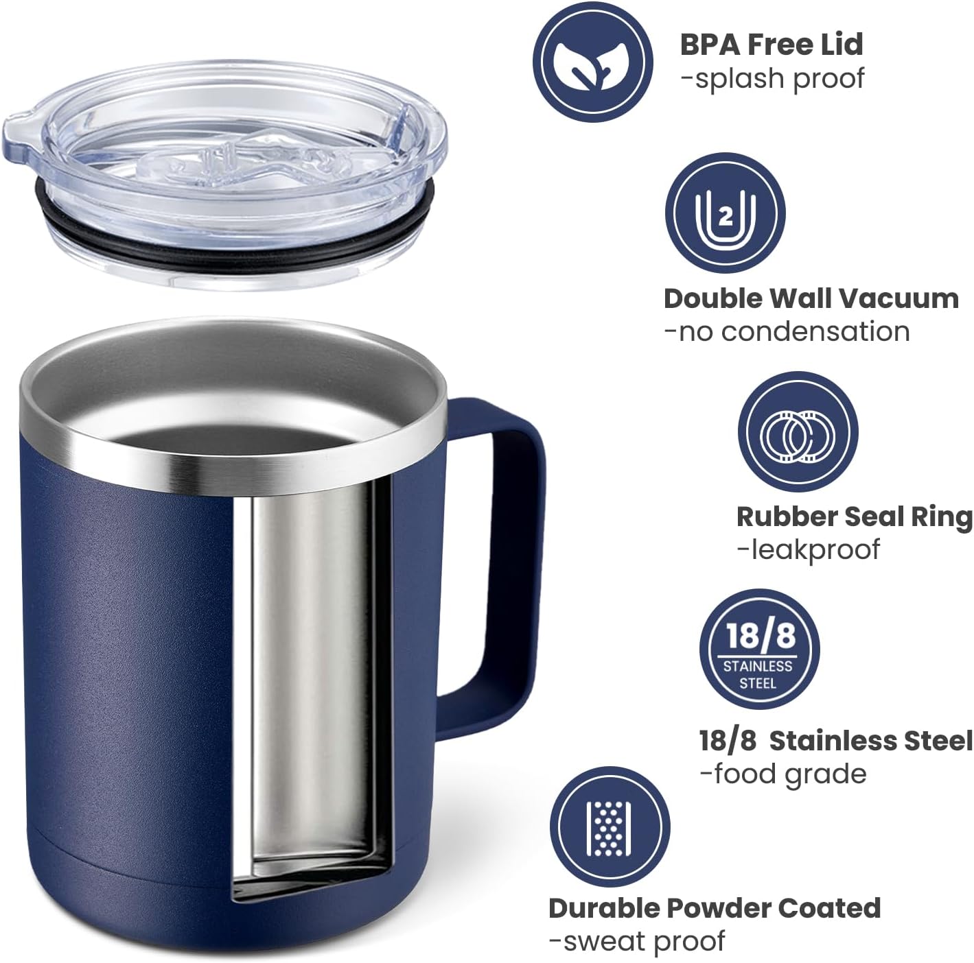 12oz Coffee Mug With Handle and Sliding Lid,Stainless Steel Travel Tumbler Cup with Handle,Double Wall Vacuum Insulated Camping Cup for Hot & Cold Drinks Tea (White, Set of 1