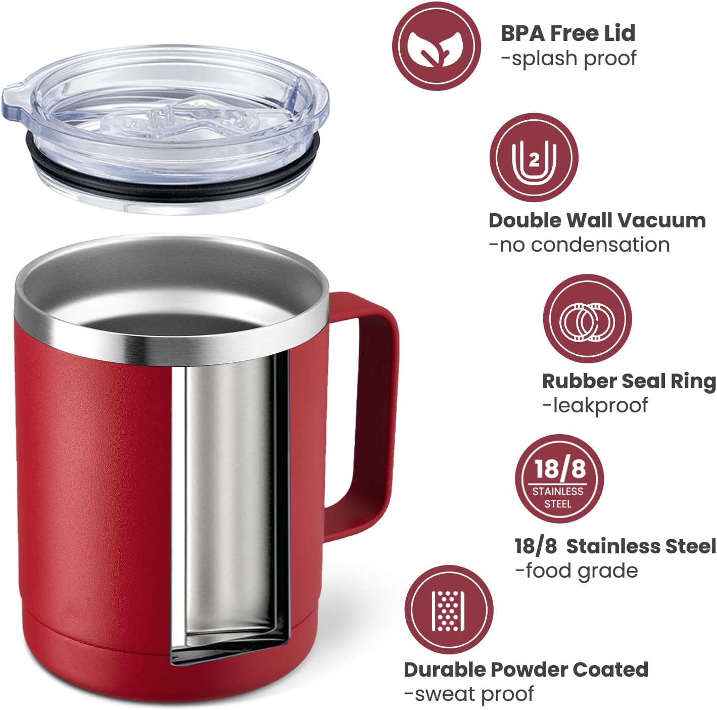 12oz Coffee Mug With Handle and Sliding Lid,Stainless Steel Travel Tumbler Cup with Handle,Double Wall Vacuum Insulated Camping Cup for Hot & Cold Drinks Tea (White, Set of 1