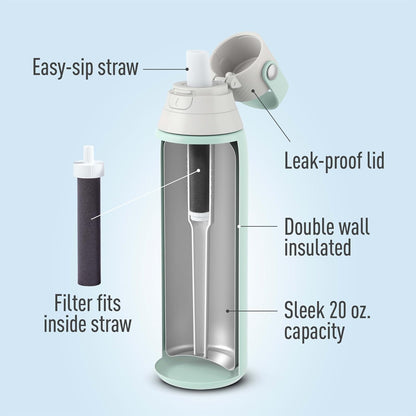 Stainless Steel Premium Filtering Water Bottle, BPA-Free, Reusable, Insulated, Replaces 300 Plastic Water Bottles, Filter Lasts 2 Months or 40 Gallons, Includes 1 Filter, Glacier - 20 oz