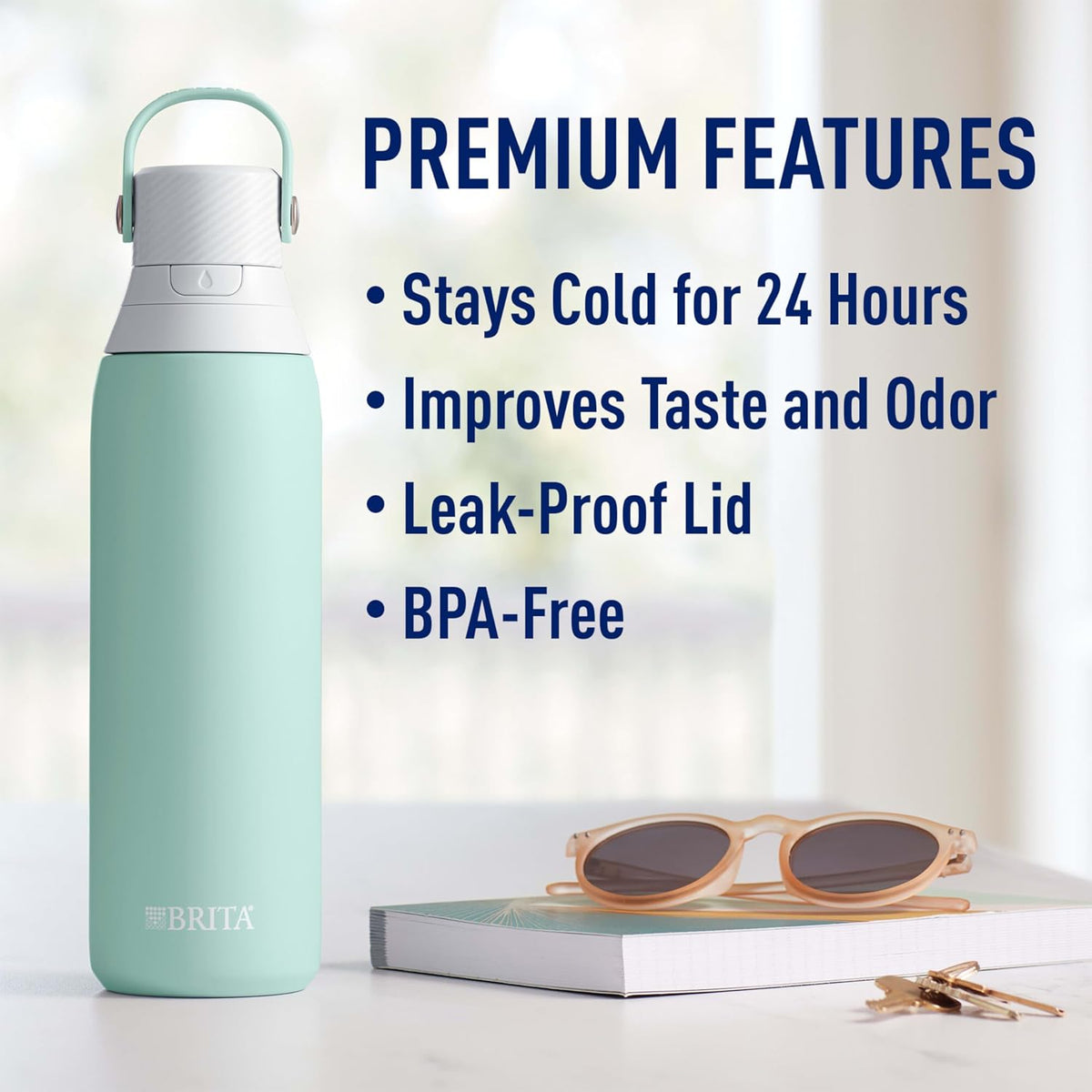 Stainless Steel Premium Filtering Water Bottle, BPA-Free, Reusable, Insulated, Replaces 300 Plastic Water Bottles, Filter Lasts 2 Months or 40 Gallons, Includes 1 Filter, Glacier - 20 oz