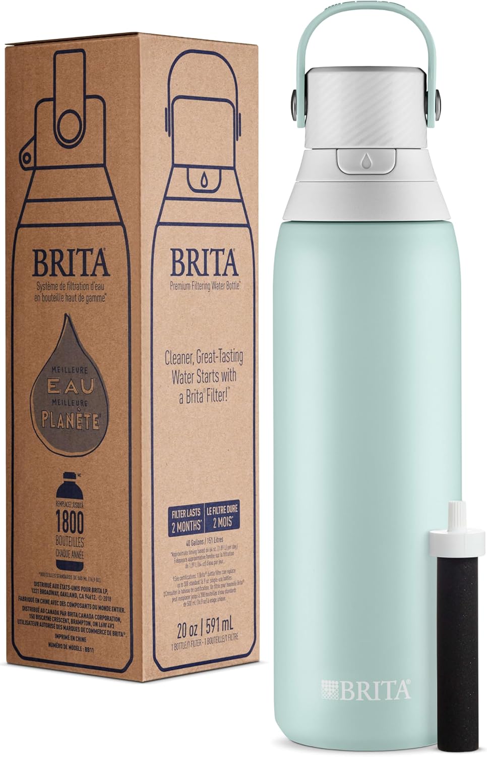 Stainless Steel Premium Filtering Water Bottle, BPA-Free, Reusable, Insulated, Replaces 300 Plastic Water Bottles, Filter Lasts 2 Months or 40 Gallons, Includes 1 Filter, Glacier - 20 oz