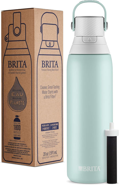 Stainless Steel Premium Filtering Water Bottle, BPA-Free, Reusable, Insulated, Replaces 300 Plastic Water Bottles, Filter Lasts 2 Months or 40 Gallons, Includes 1 Filter, Glacier - 20 oz